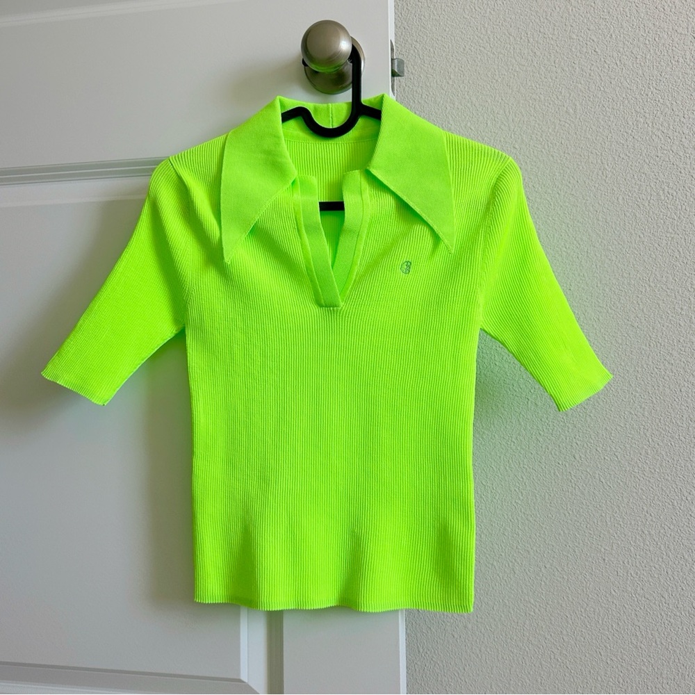 Fluorescent Green Knit Top V-neck Lapel Collar  Lime Sweater PushButton Top